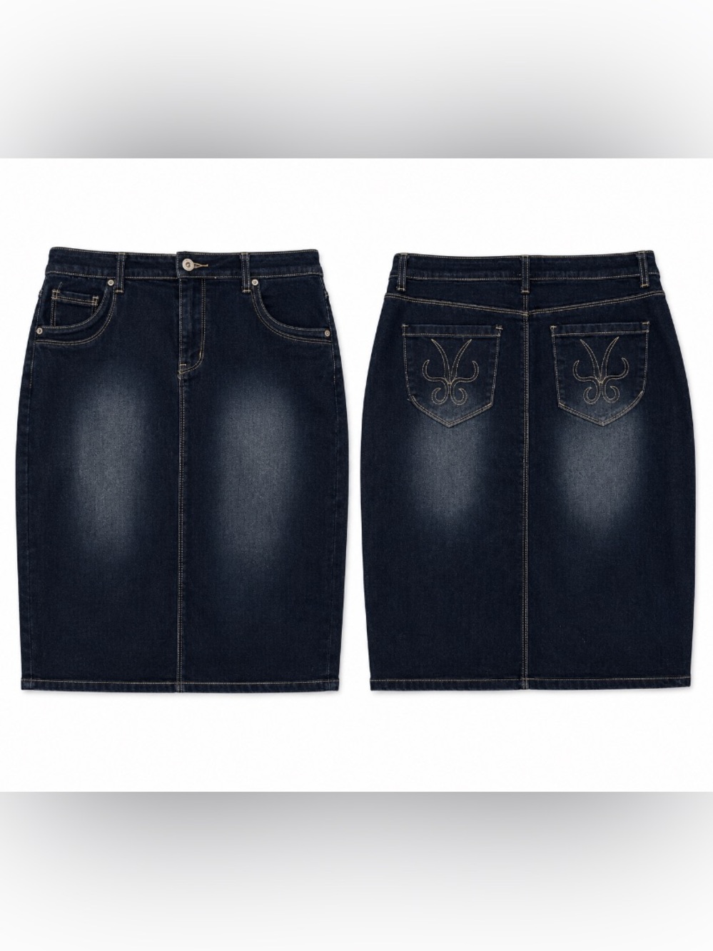 Nicole Dark Indigo Pencil Skirt with Contrast Stitching - Picture 1 of 3